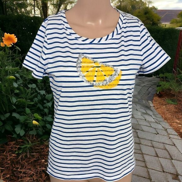 Talbots Sequin Lemon T Shirt XS Top Blue White Striped Tee Pima Cotton Nautical. - Picture 1 of 16